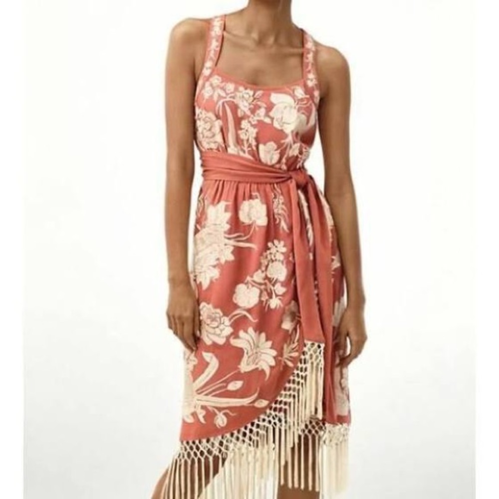 Anthropologie coral and cream embroidered fringe dress